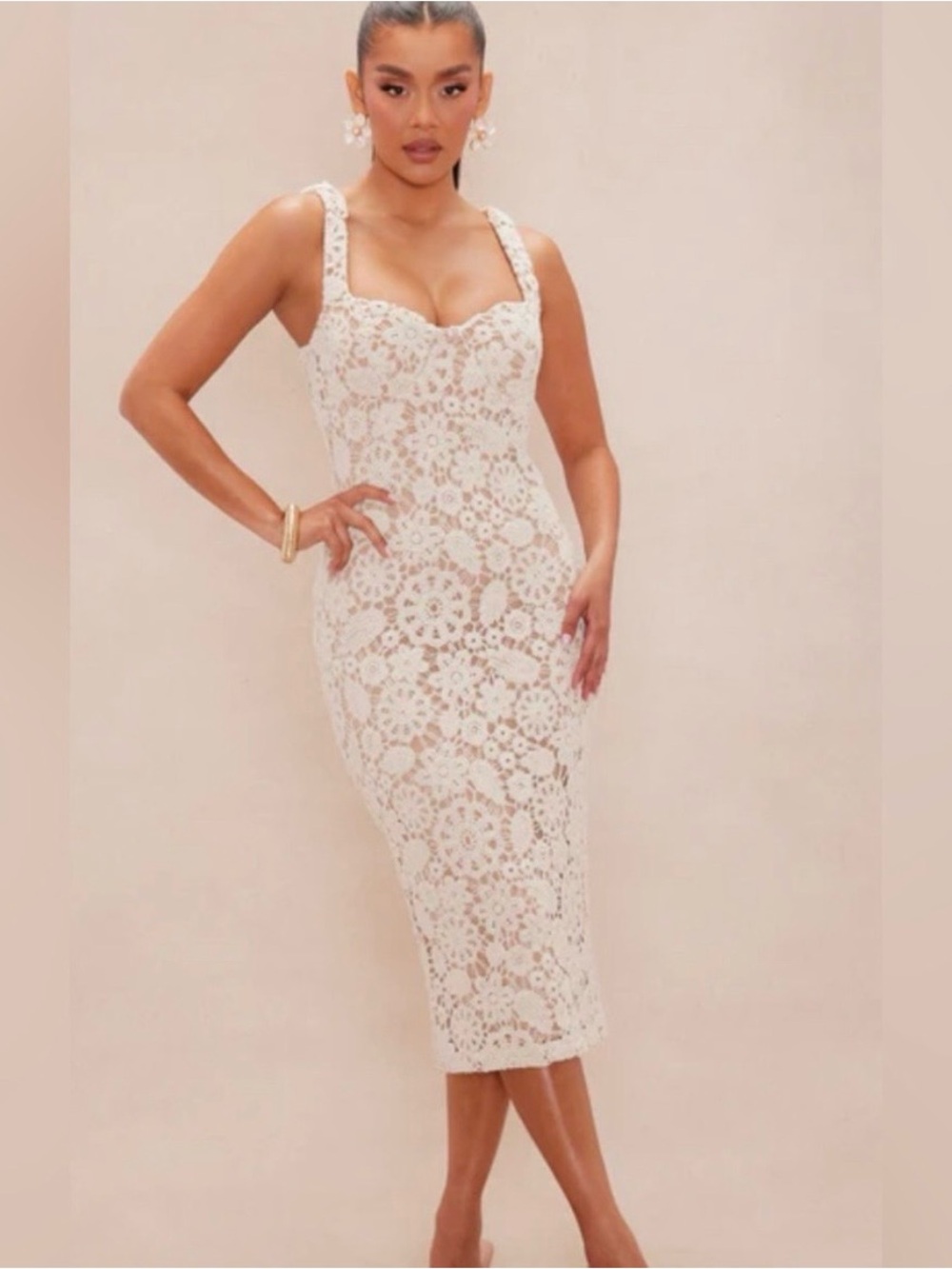 Fashion Nova Cream Combo Crochet Midi Dress